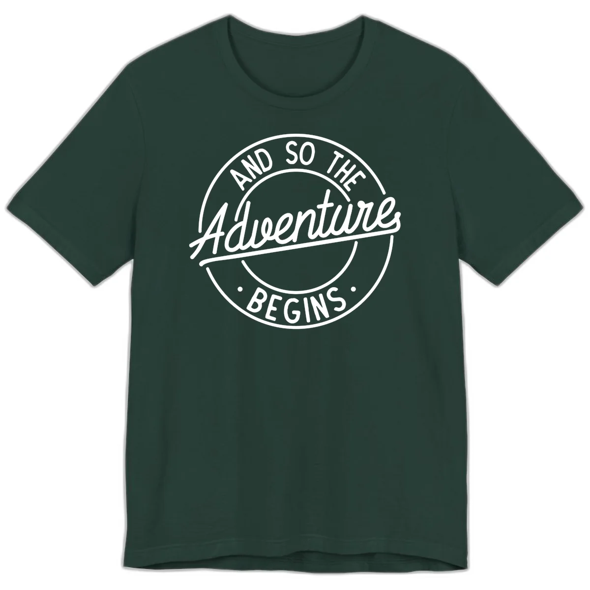 Vintage circular badge design with white text reading 'And So The Adventure Begins' on gray background in Forest