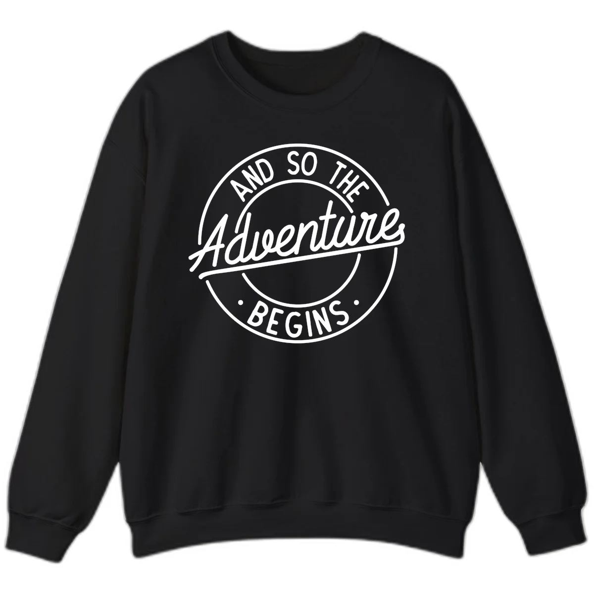 Vintage circular badge design with white text reading 'And So The Adventure Begins' on gray background in Black