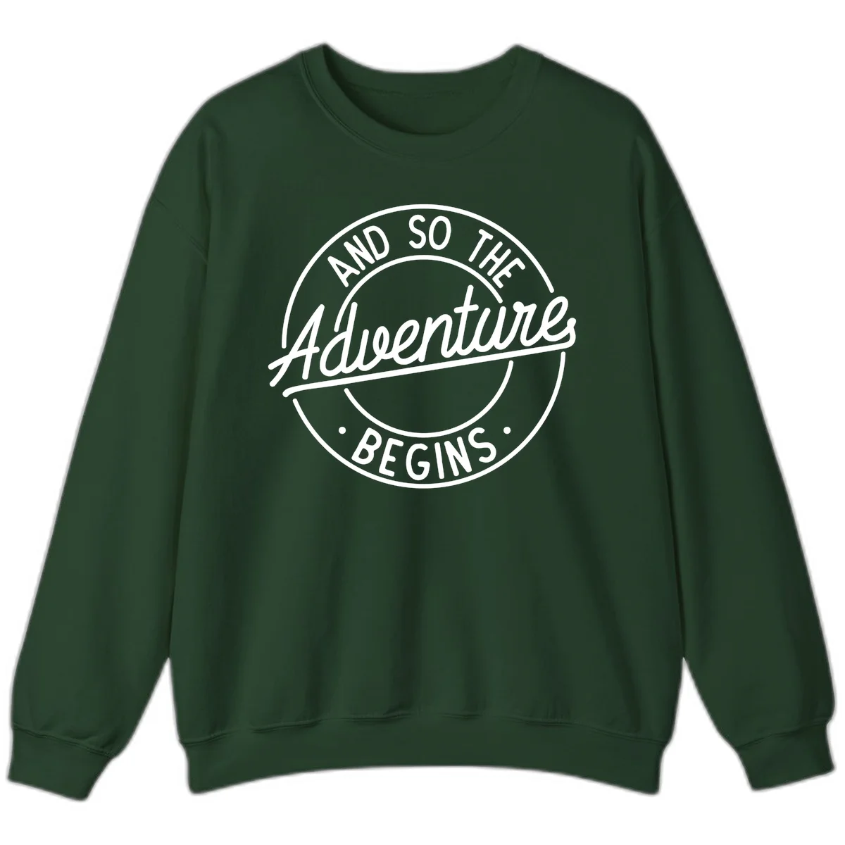 Vintage circular badge design with white text reading 'And So The Adventure Begins' on gray background in Forest Green
