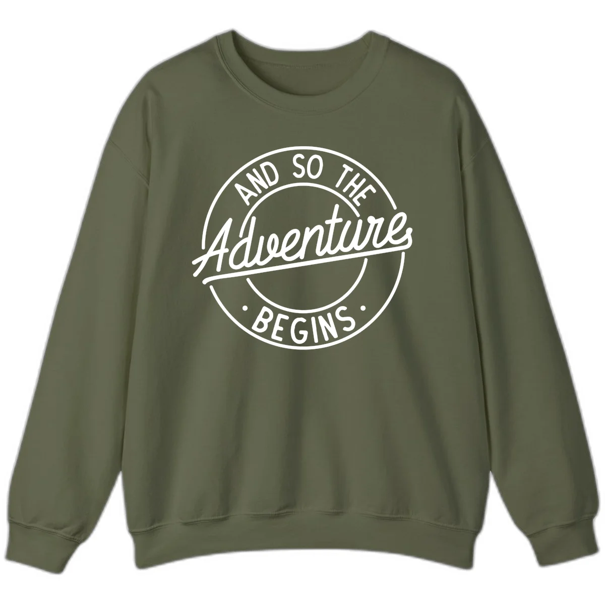 Vintage circular badge design with white text reading 'And So The Adventure Begins' on gray background in Military Green