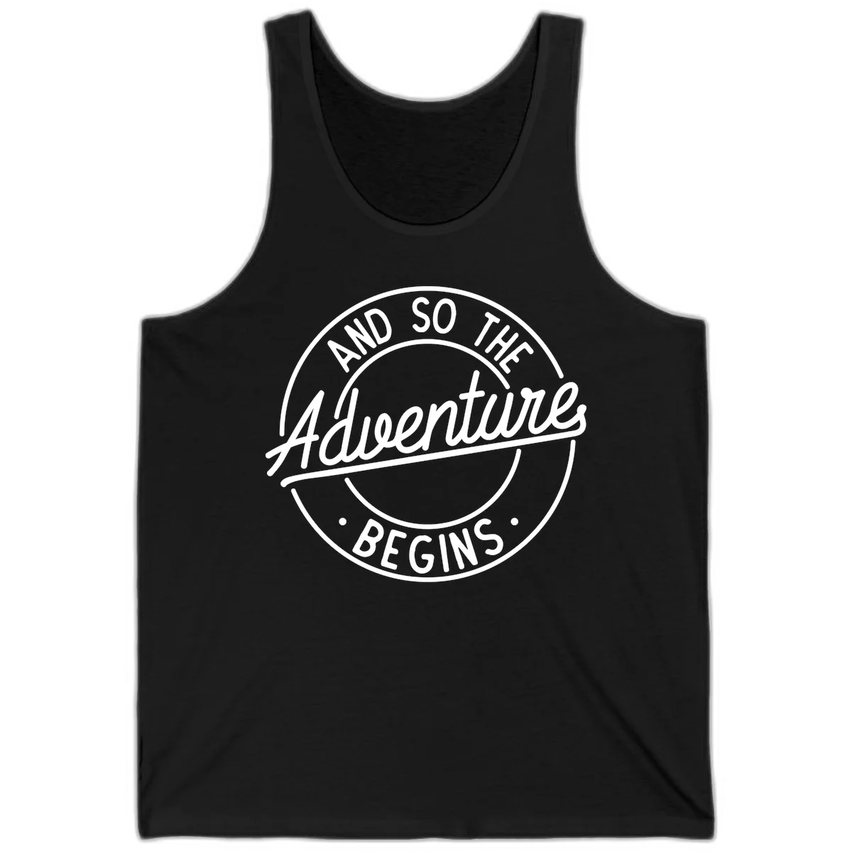 Vintage circular badge design with white text reading 'And So The Adventure Begins' on gray background in Black