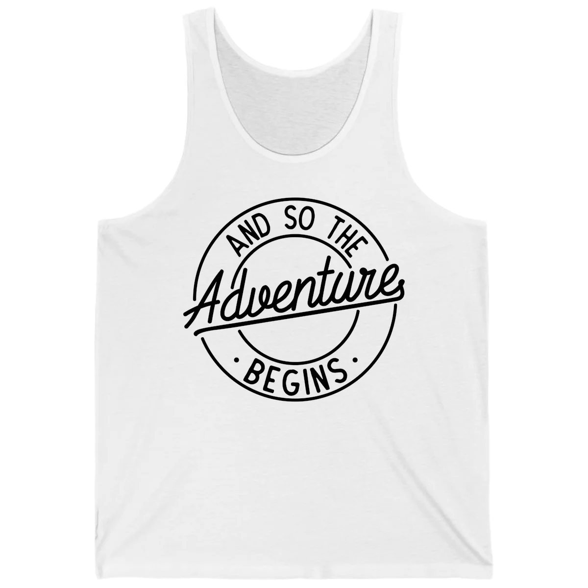 Vintage circular badge design with white text reading 'And So The Adventure Begins' on gray background in White