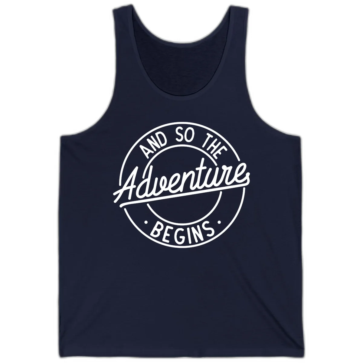 Vintage circular badge design with white text reading 'And So The Adventure Begins' on gray background in Navy