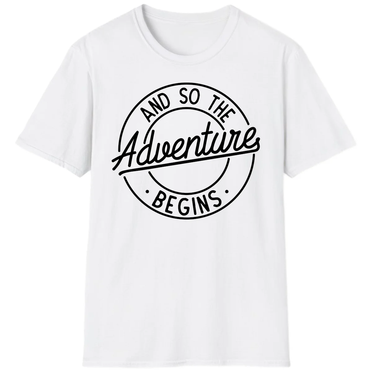 Vintage circular badge design with white text reading 'And So The Adventure Begins' on gray background in White