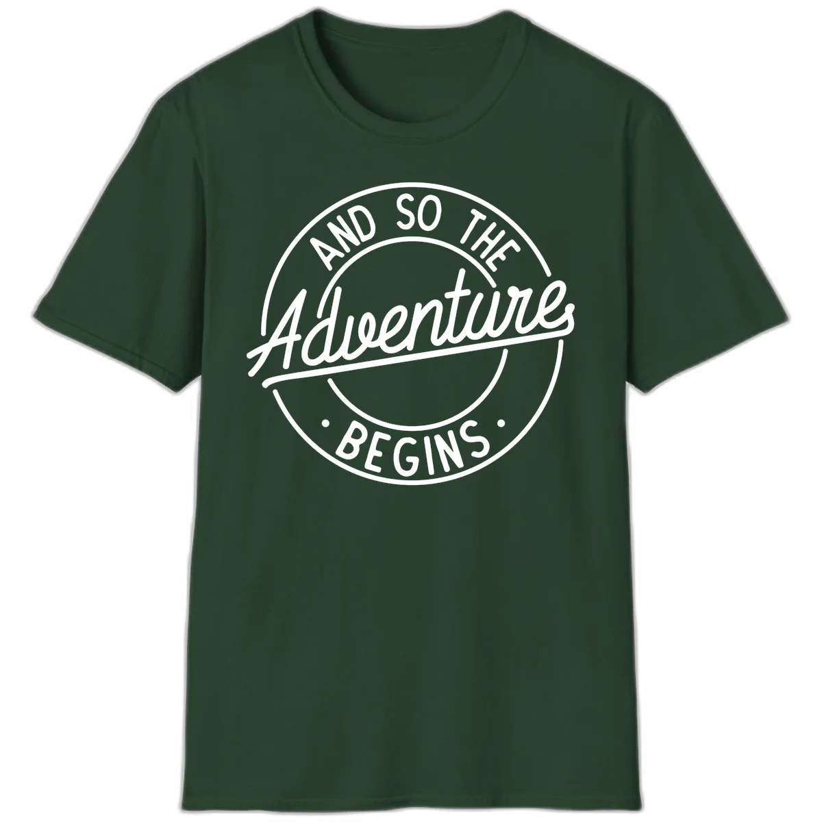 Vintage circular badge design with white text reading 'And So The Adventure Begins' on gray background in Forest Green