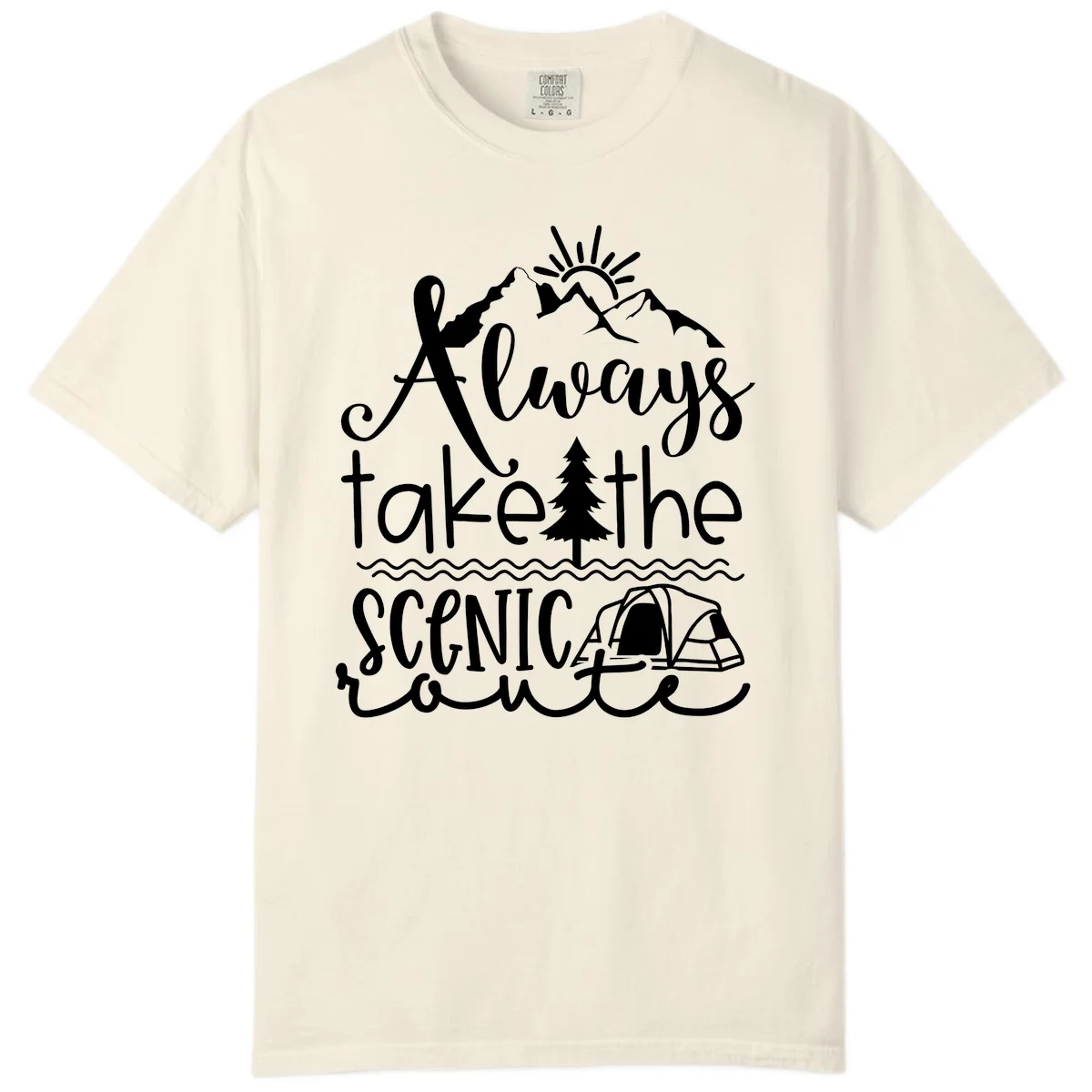 White line art design with mountains, sun, pine tree, tent, and water featuring 'Always take the scenic route' script text in Ivory