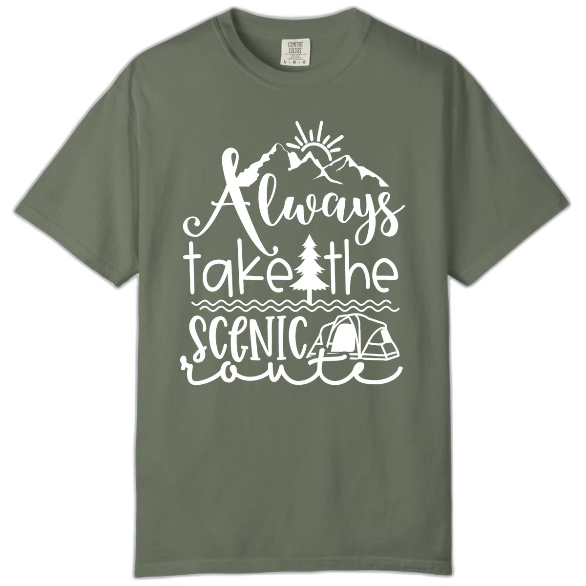 White line art design with mountains, sun, pine tree, tent, and water featuring 'Always take the scenic route' script text in Moss