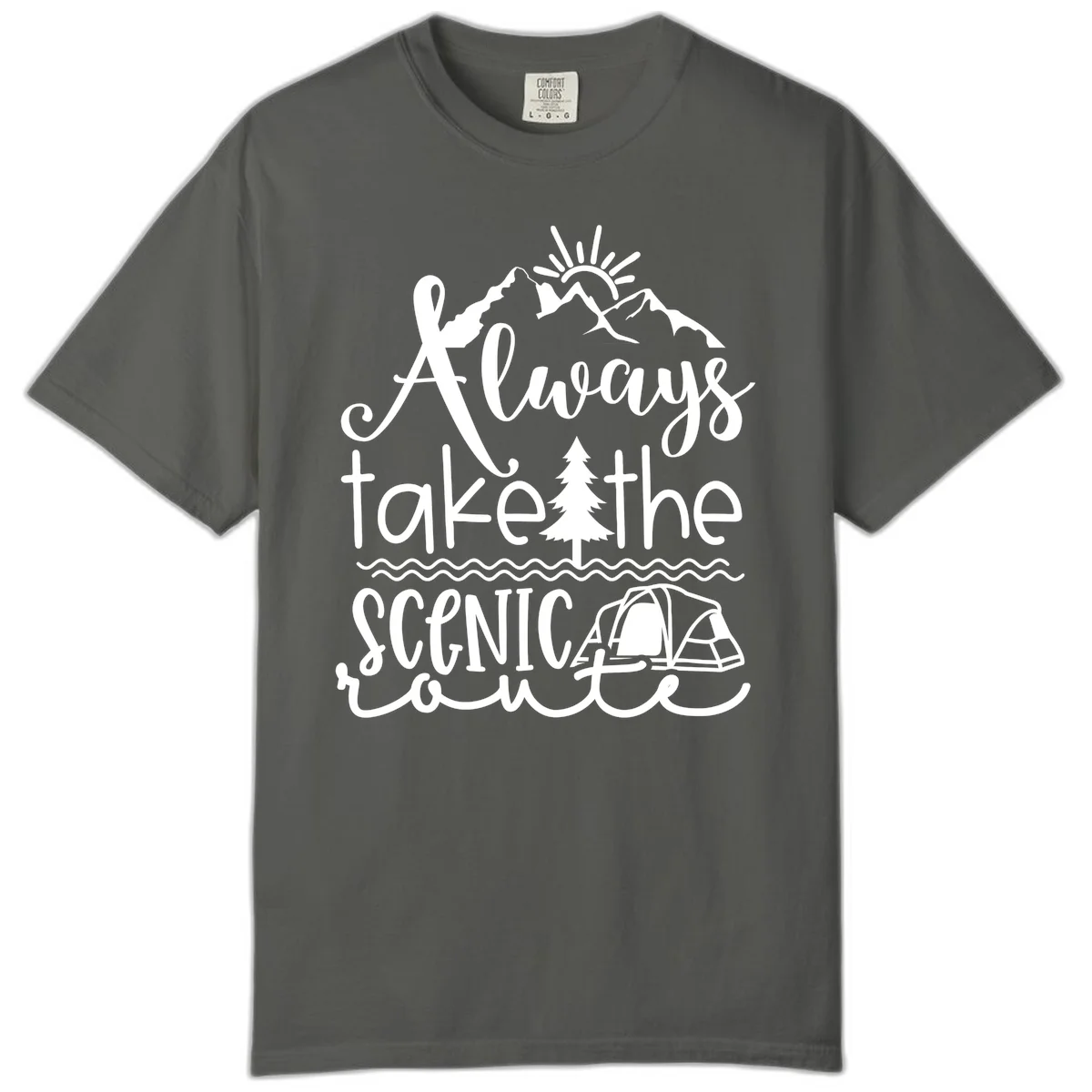 White line art design with mountains, sun, pine tree, tent, and water featuring 'Always take the scenic route' script text in Pepper