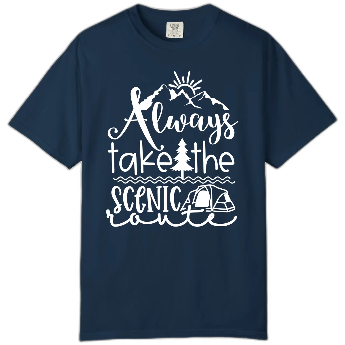 White line art design with mountains, sun, pine tree, tent, and water featuring 'Always take the scenic route' script text in True Navy