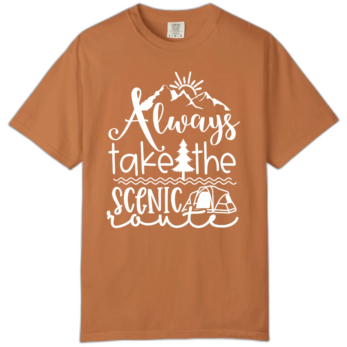 White line art design with mountains, sun, pine tree, tent, and water featuring 'Always take the scenic route' script text in Yam