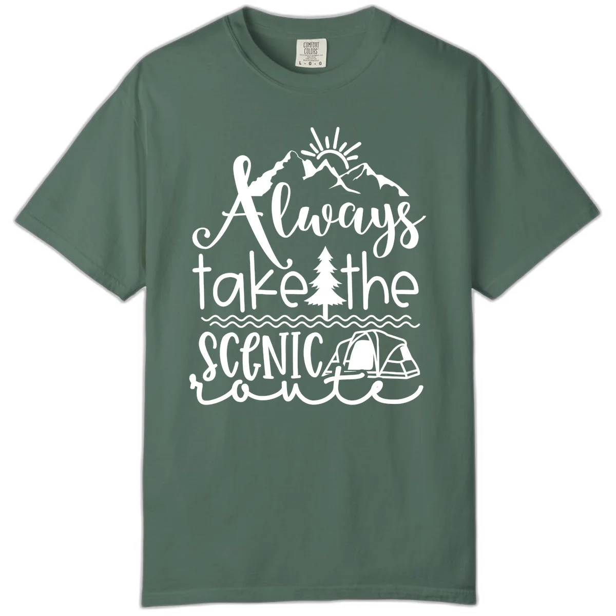 White line art design with mountains, sun, pine tree, tent, and water featuring 'Always take the scenic route' script text in Blue Spruce