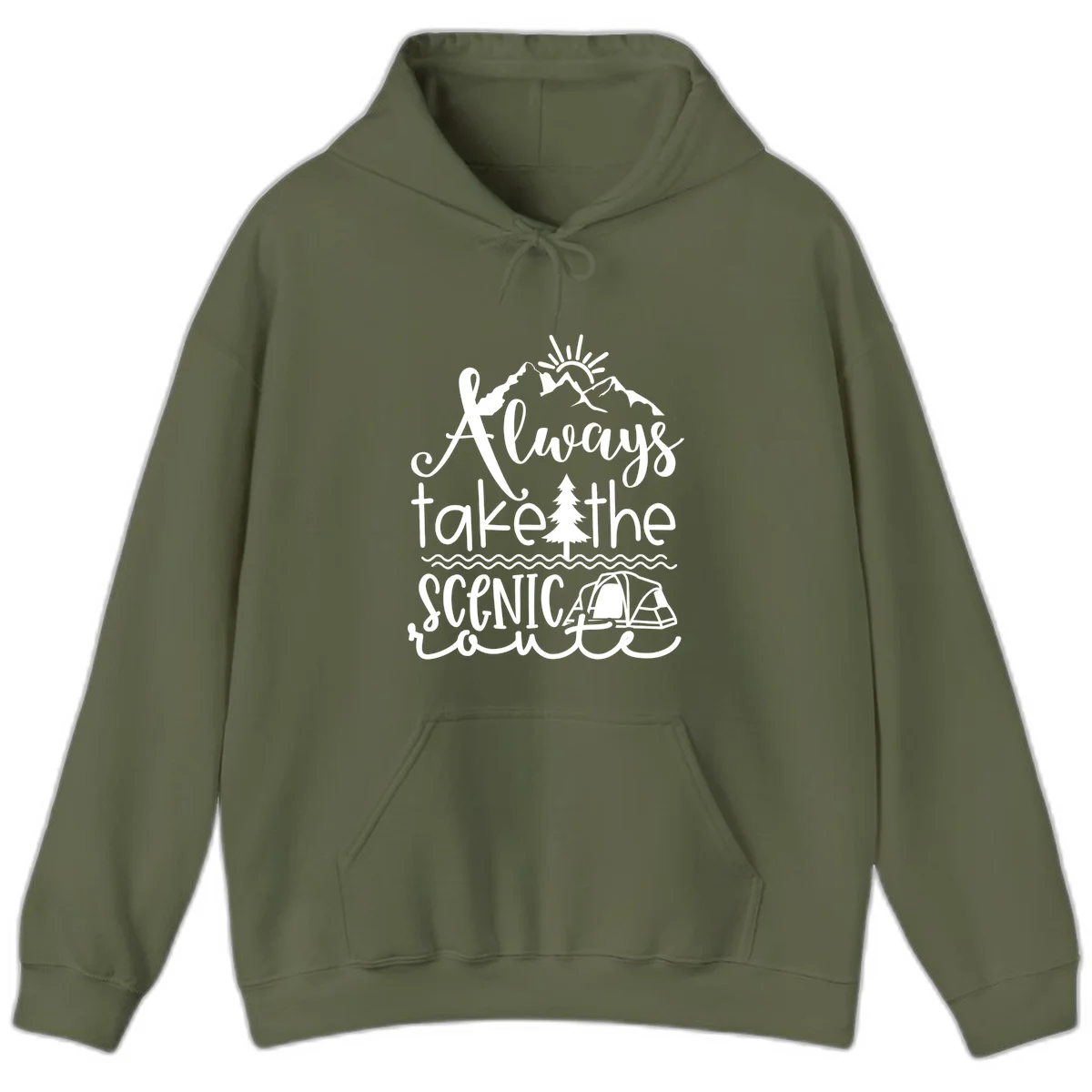 White line art design with mountains, sun, pine tree, tent, and water featuring 'Always take the scenic route' script text in Military Green