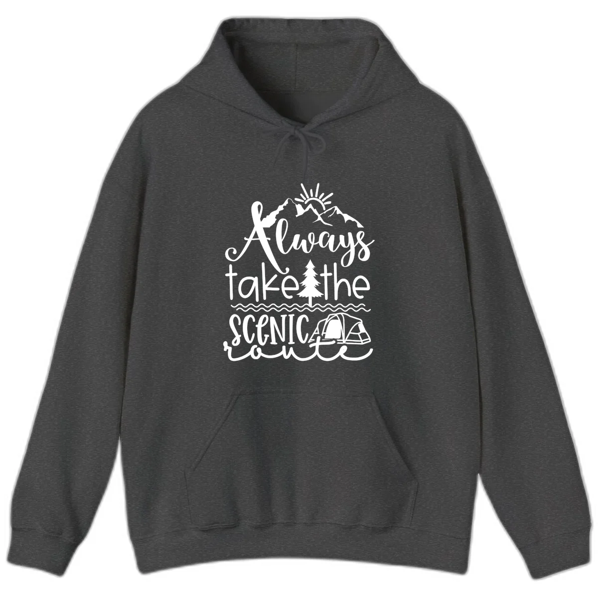White line art design with mountains, sun, pine tree, tent, and water featuring 'Always take the scenic route' script text in Dark Heather