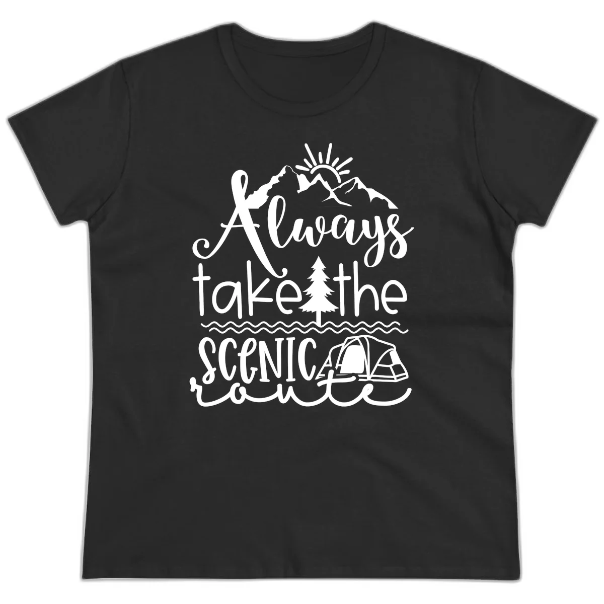 White line art design with mountains, sun, pine tree, tent, and water featuring 'Always take the scenic route' script text in Black