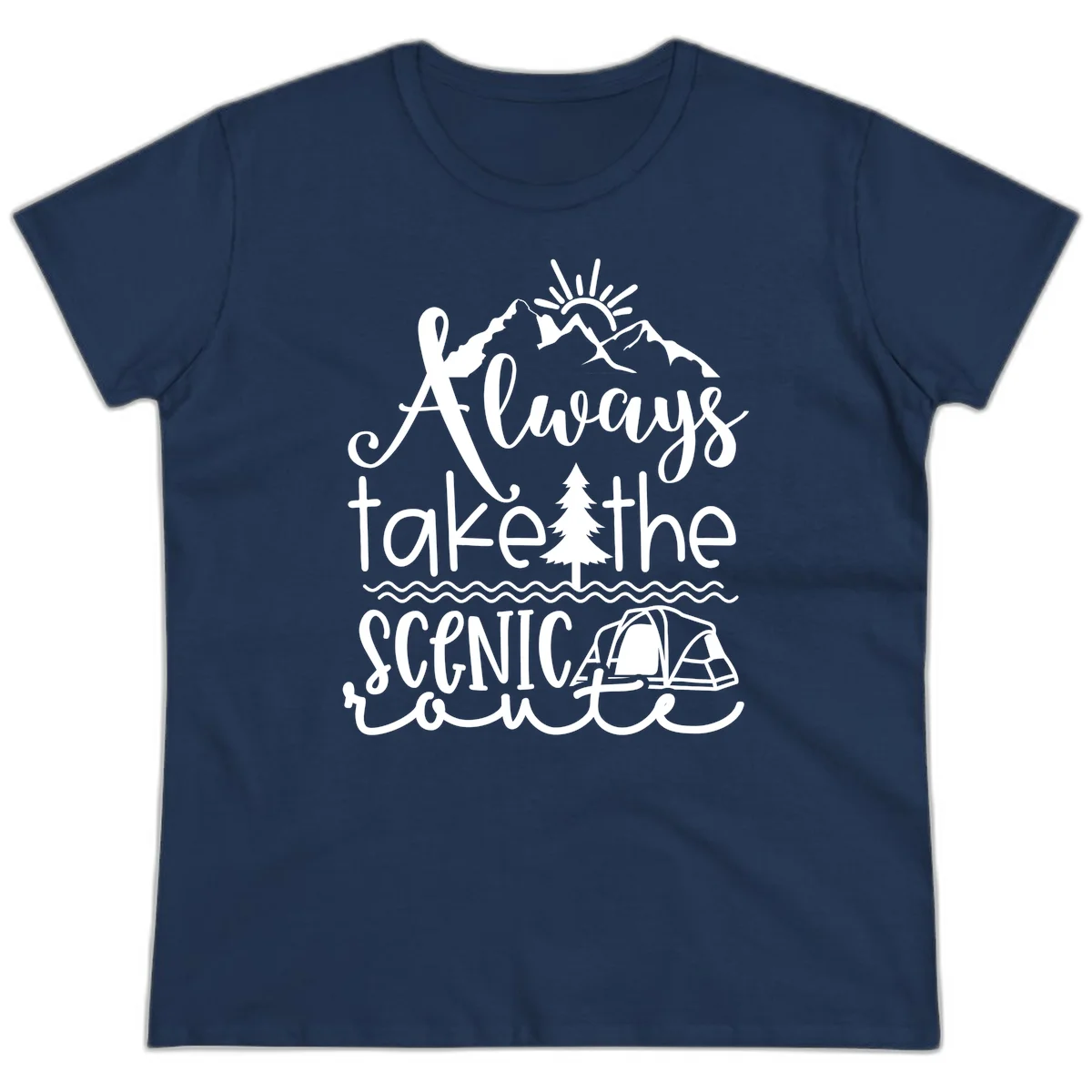 White line art design with mountains, sun, pine tree, tent, and water featuring 'Always take the scenic route' script text in Navy