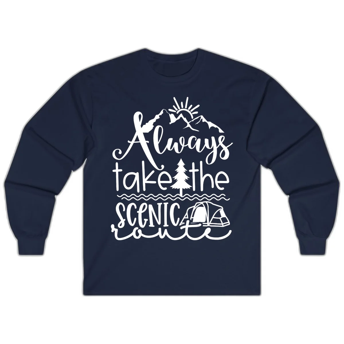 White line art design with mountains, sun, pine tree, tent, and water featuring 'Always take the scenic route' script text in Navy