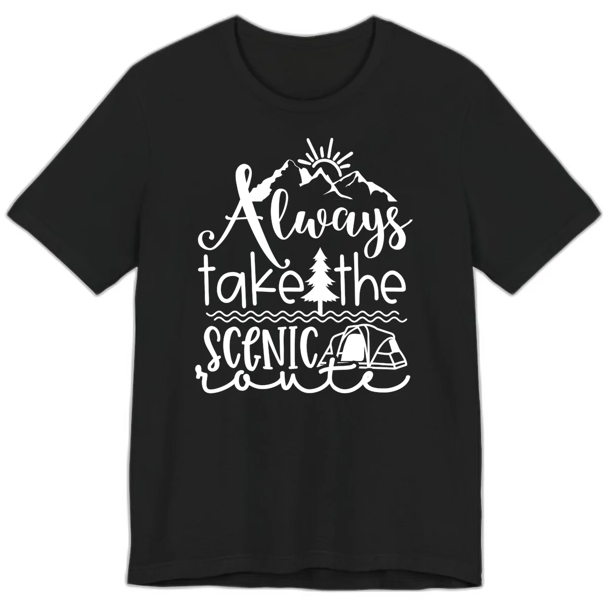 White line art design with mountains, sun, pine tree, tent, and water featuring 'Always take the scenic route' script text in Black