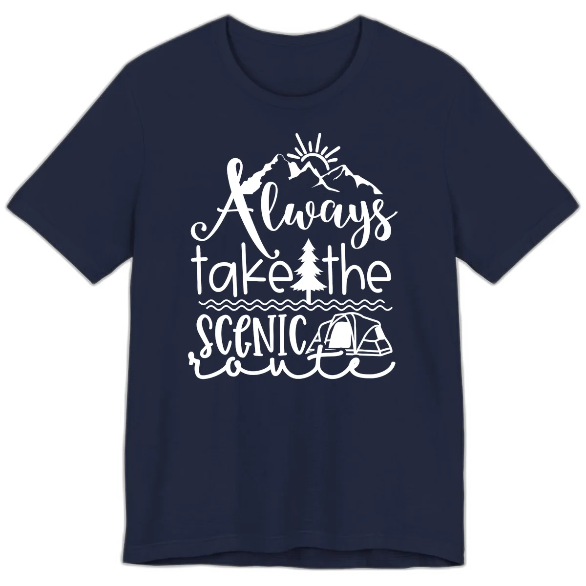 White line art design with mountains, sun, pine tree, tent, and water featuring 'Always take the scenic route' script text in Navy