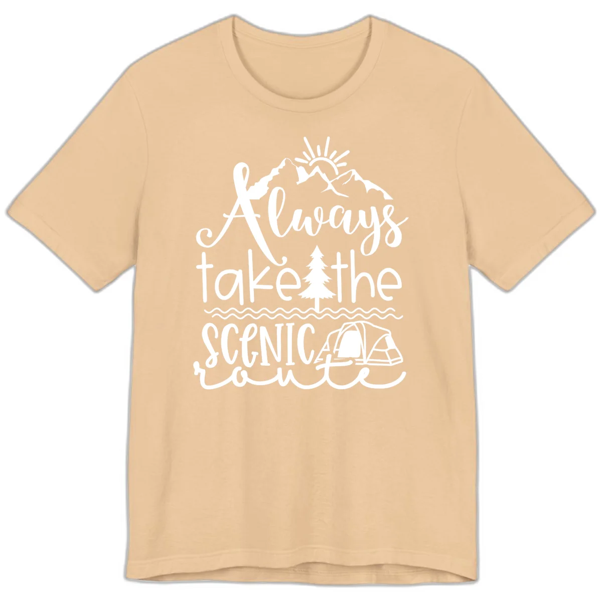 White line art design with mountains, sun, pine tree, tent, and water featuring 'Always take the scenic route' script text in Sand Dune