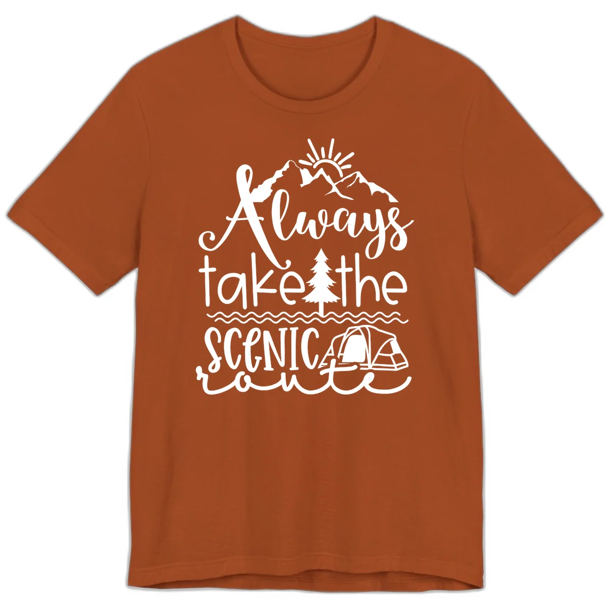 White line art design with mountains, sun, pine tree, tent, and water featuring 'Always take the scenic route' script text in Autumn