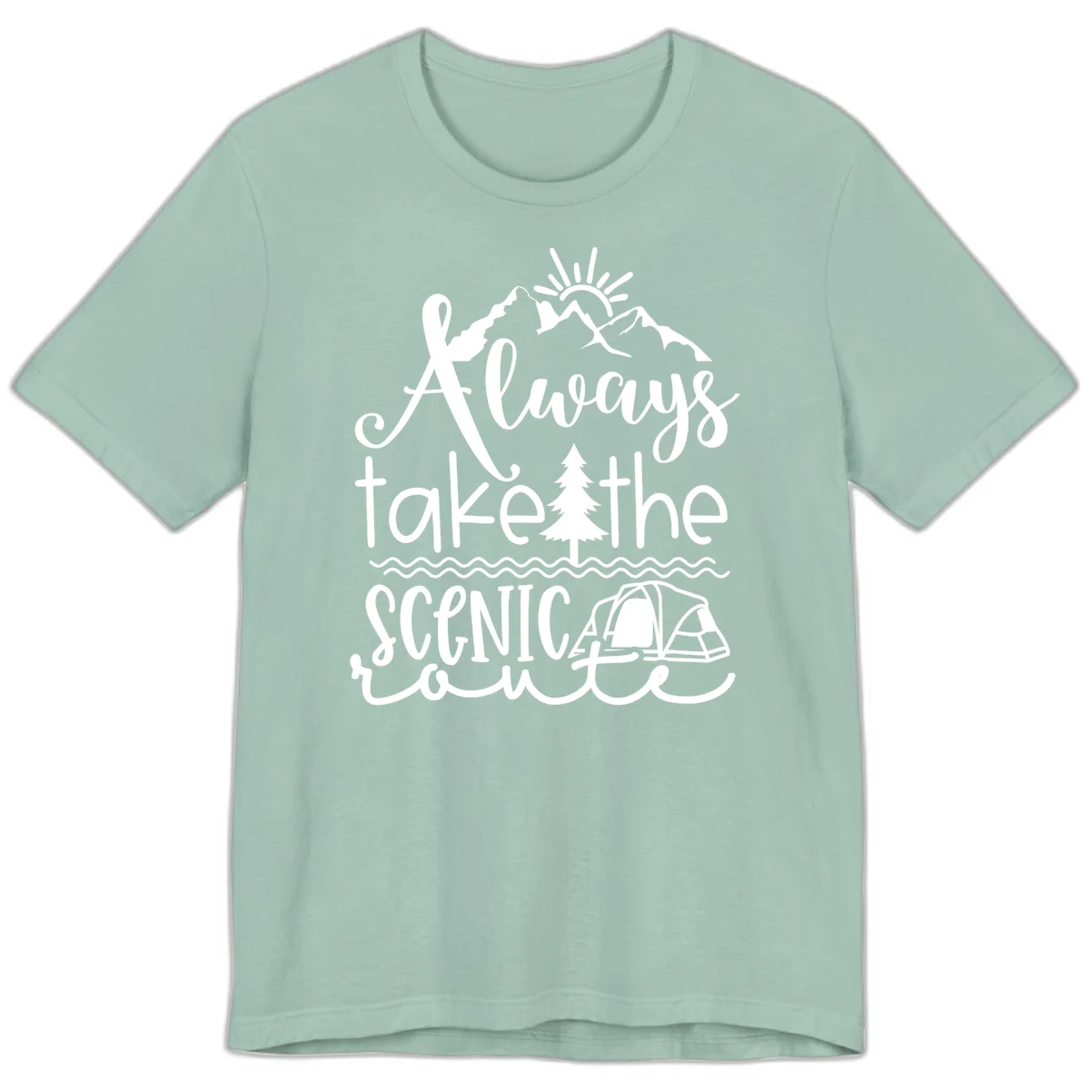 White line art design with mountains, sun, pine tree, tent, and water featuring 'Always take the scenic route' script text in Dusty Blue