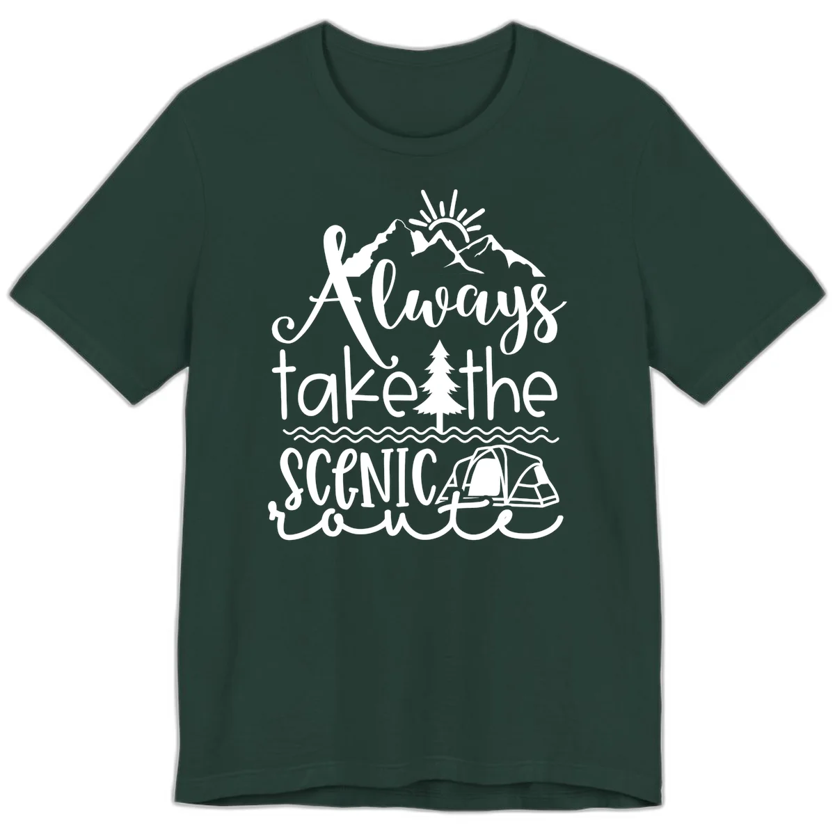 White line art design with mountains, sun, pine tree, tent, and water featuring 'Always take the scenic route' script text in Forest
