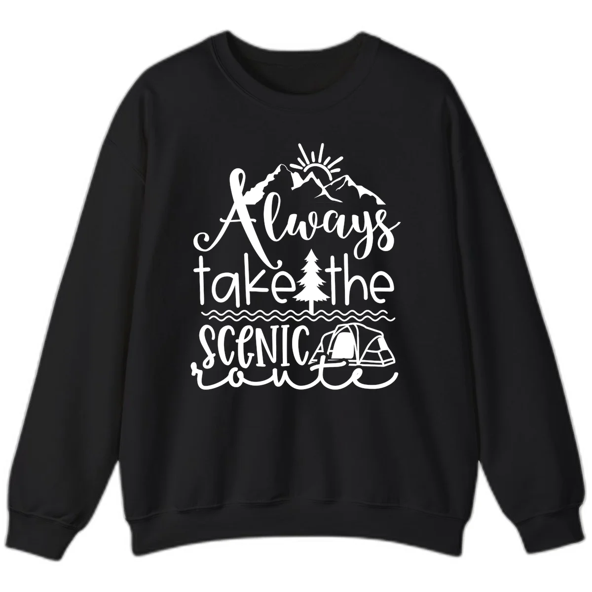 White line art design with mountains, sun, pine tree, tent, and water featuring 'Always take the scenic route' script text in Black