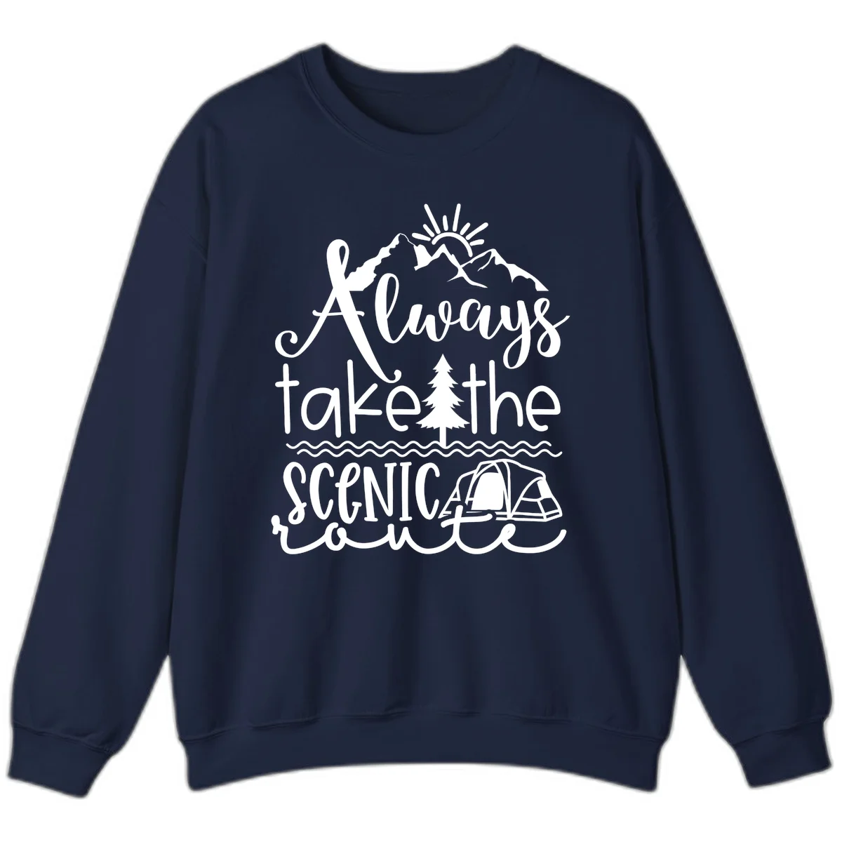White line art design with mountains, sun, pine tree, tent, and water featuring 'Always take the scenic route' script text in Navy