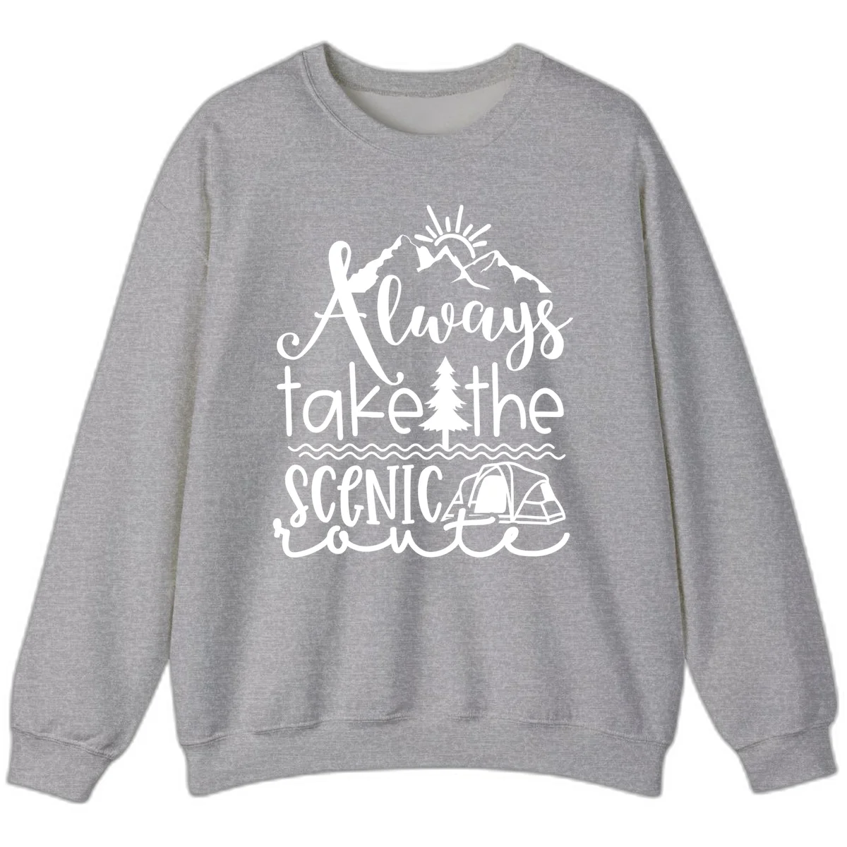 White line art design with mountains, sun, pine tree, tent, and water featuring 'Always take the scenic route' script text in Sport Grey