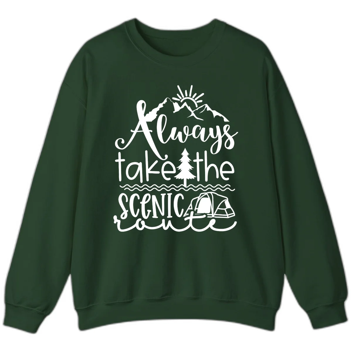 White line art design with mountains, sun, pine tree, tent, and water featuring 'Always take the scenic route' script text in Forest Green