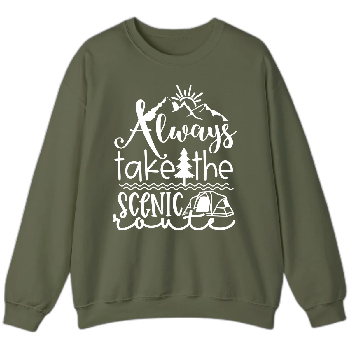 White line art design with mountains, sun, pine tree, tent, and water featuring 'Always take the scenic route' script text in Military Green