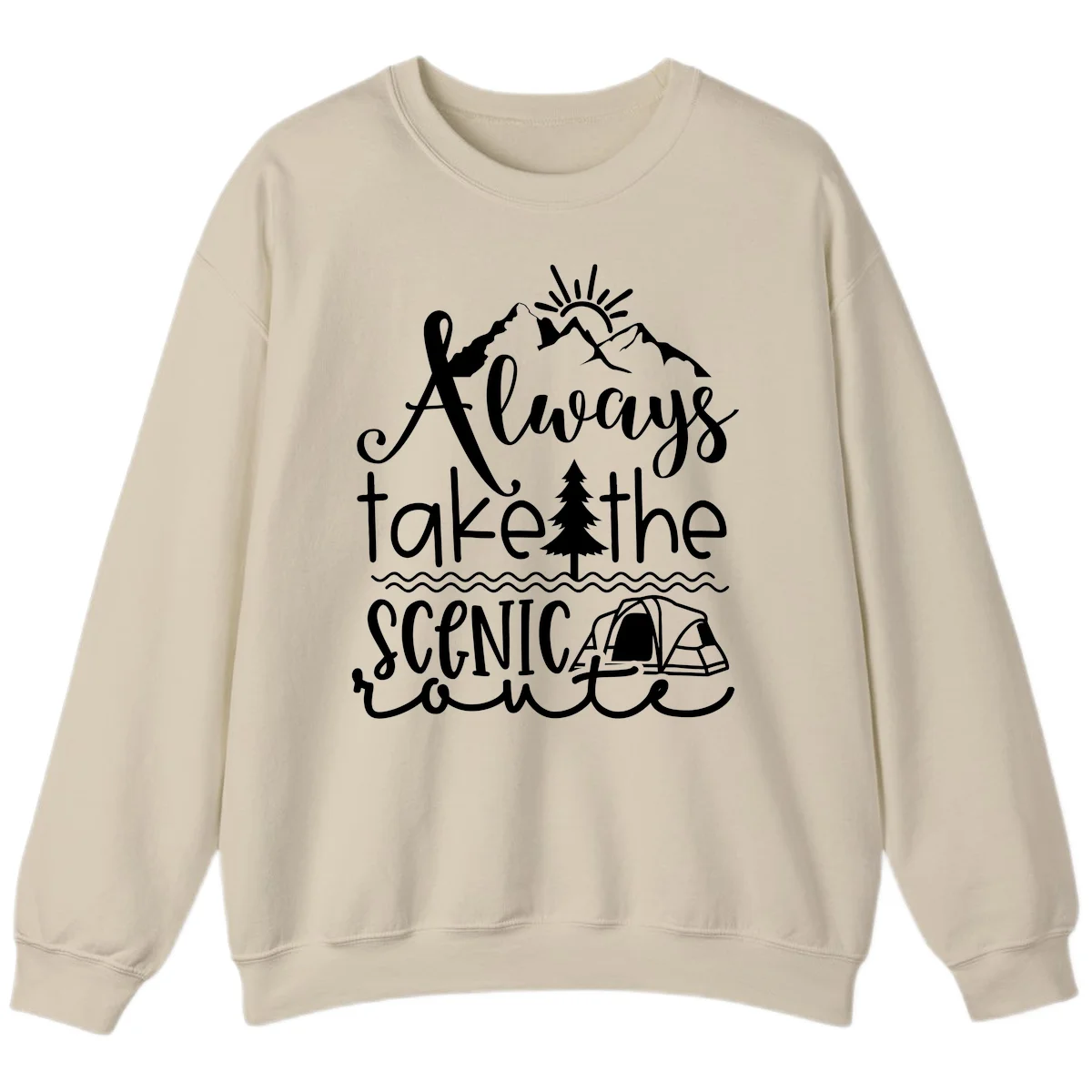 White line art design with mountains, sun, pine tree, tent, and water featuring 'Always take the scenic route' script text in Sand