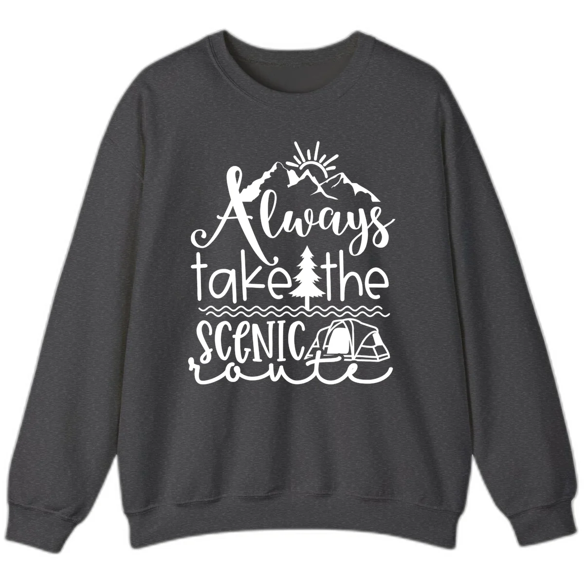 White line art design with mountains, sun, pine tree, tent, and water featuring 'Always take the scenic route' script text in Dark Heather