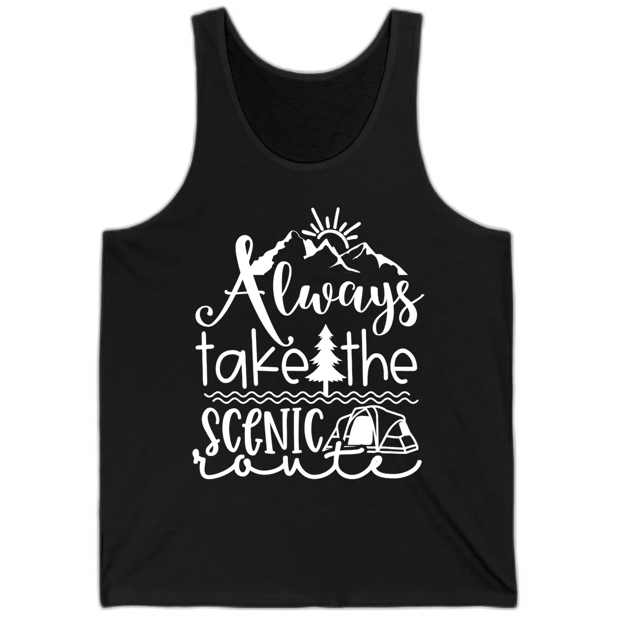 White line art design with mountains, sun, pine tree, tent, and water featuring 'Always take the scenic route' script text in Black