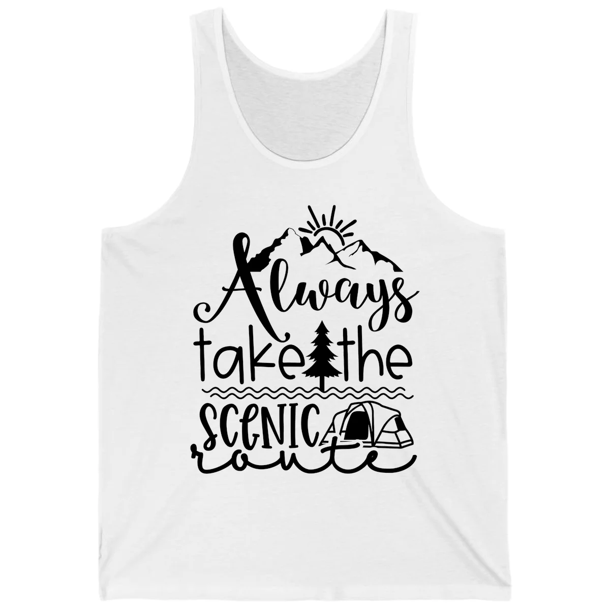 White line art design with mountains, sun, pine tree, tent, and water featuring 'Always take the scenic route' script text in White