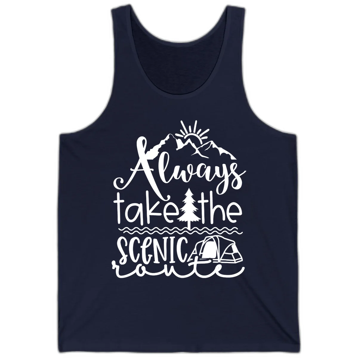 White line art design with mountains, sun, pine tree, tent, and water featuring 'Always take the scenic route' script text in Navy