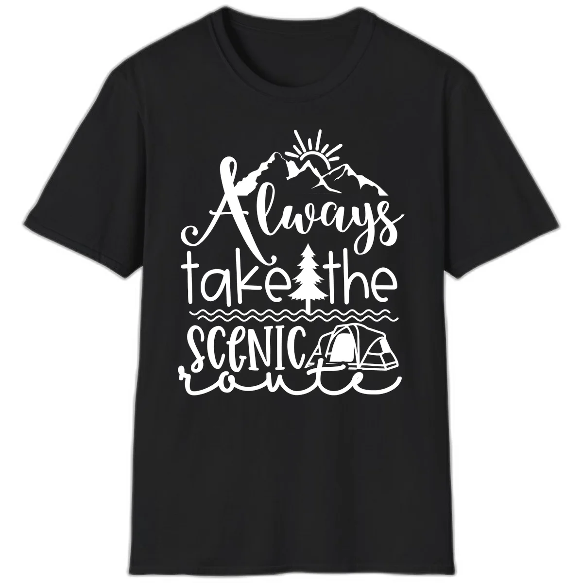 White line art design with mountains, sun, pine tree, tent, and water featuring 'Always take the scenic route' script text in Black