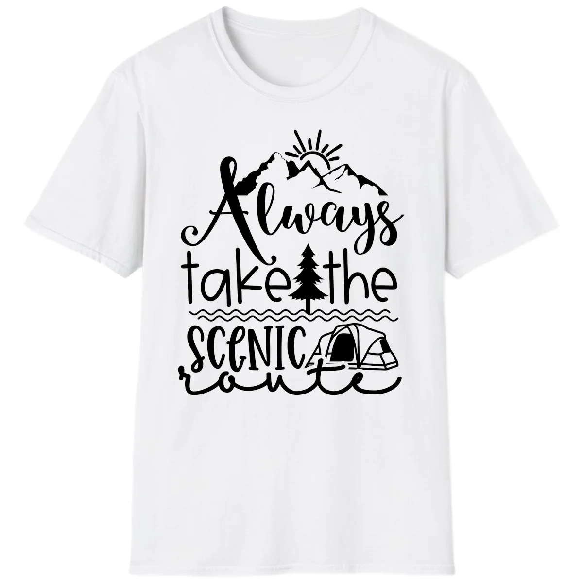 White line art design with mountains, sun, pine tree, tent, and water featuring 'Always take the scenic route' script text in White