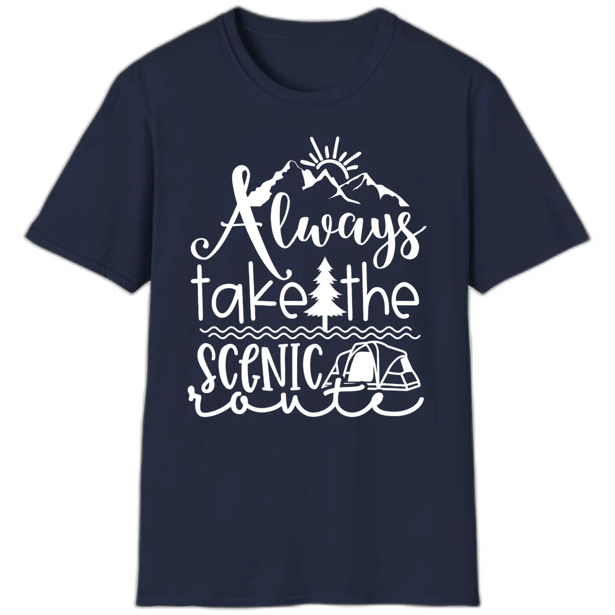 White line art design with mountains, sun, pine tree, tent, and water featuring 'Always take the scenic route' script text in Navy