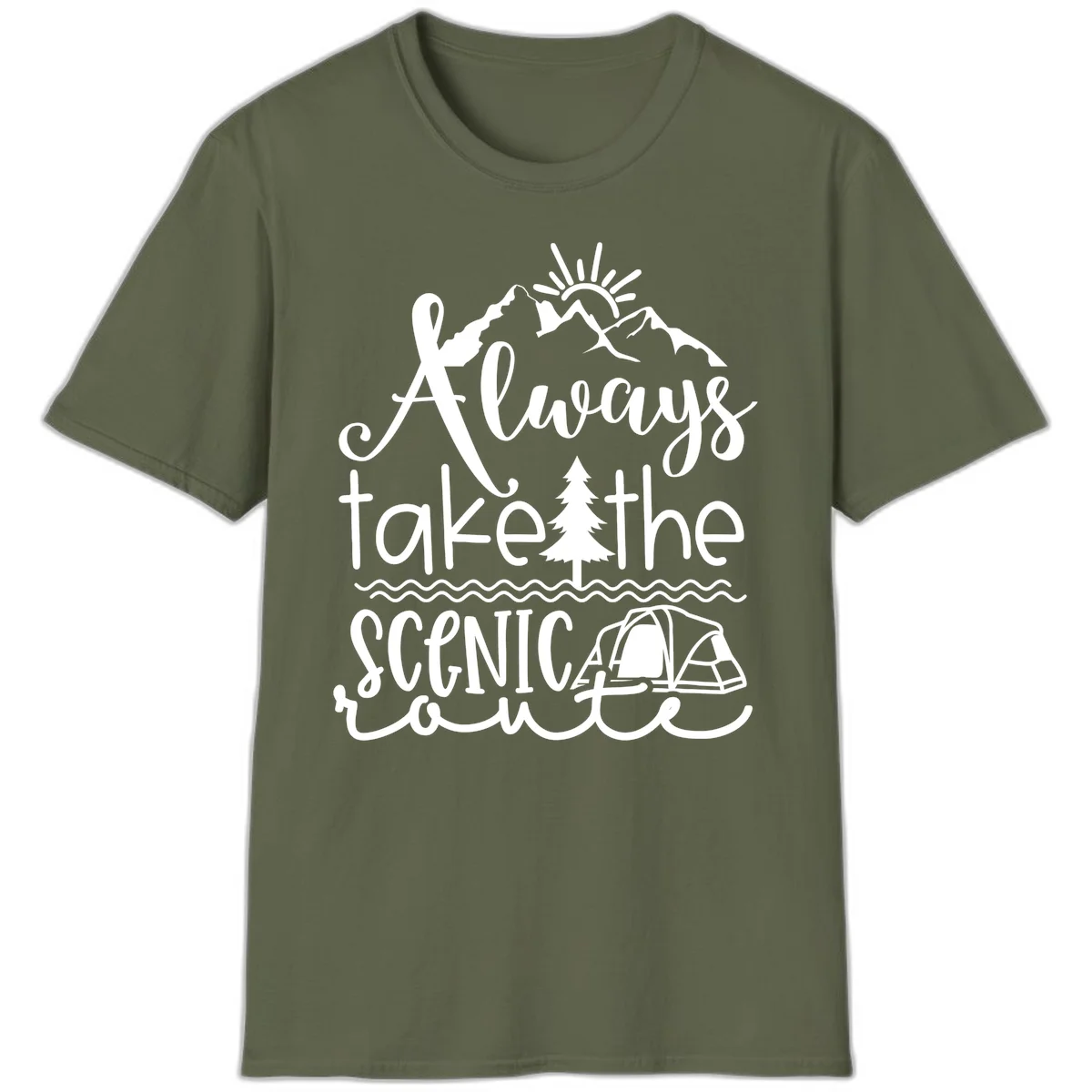 White line art design with mountains, sun, pine tree, tent, and water featuring 'Always take the scenic route' script text in Military Green