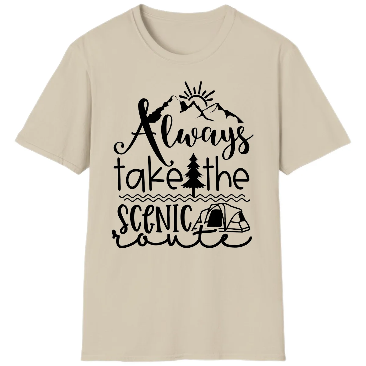 White line art design with mountains, sun, pine tree, tent, and water featuring 'Always take the scenic route' script text in Sand