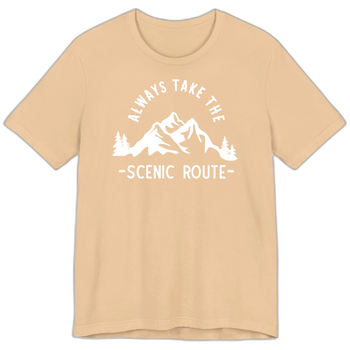 Mountain landscape with evergreen trees and text reading 'Always Take The Scenic Route' in bold lettering in Sand Dune