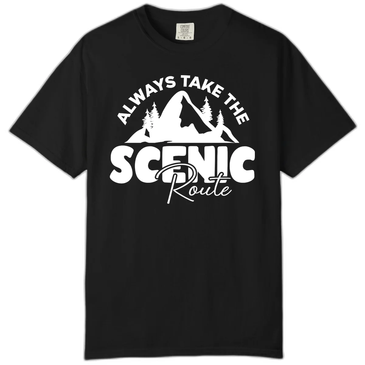 White mountain landscape illustration with evergreen trees and text reading 'All Ways Take The Scenic Route' on gray background in Black