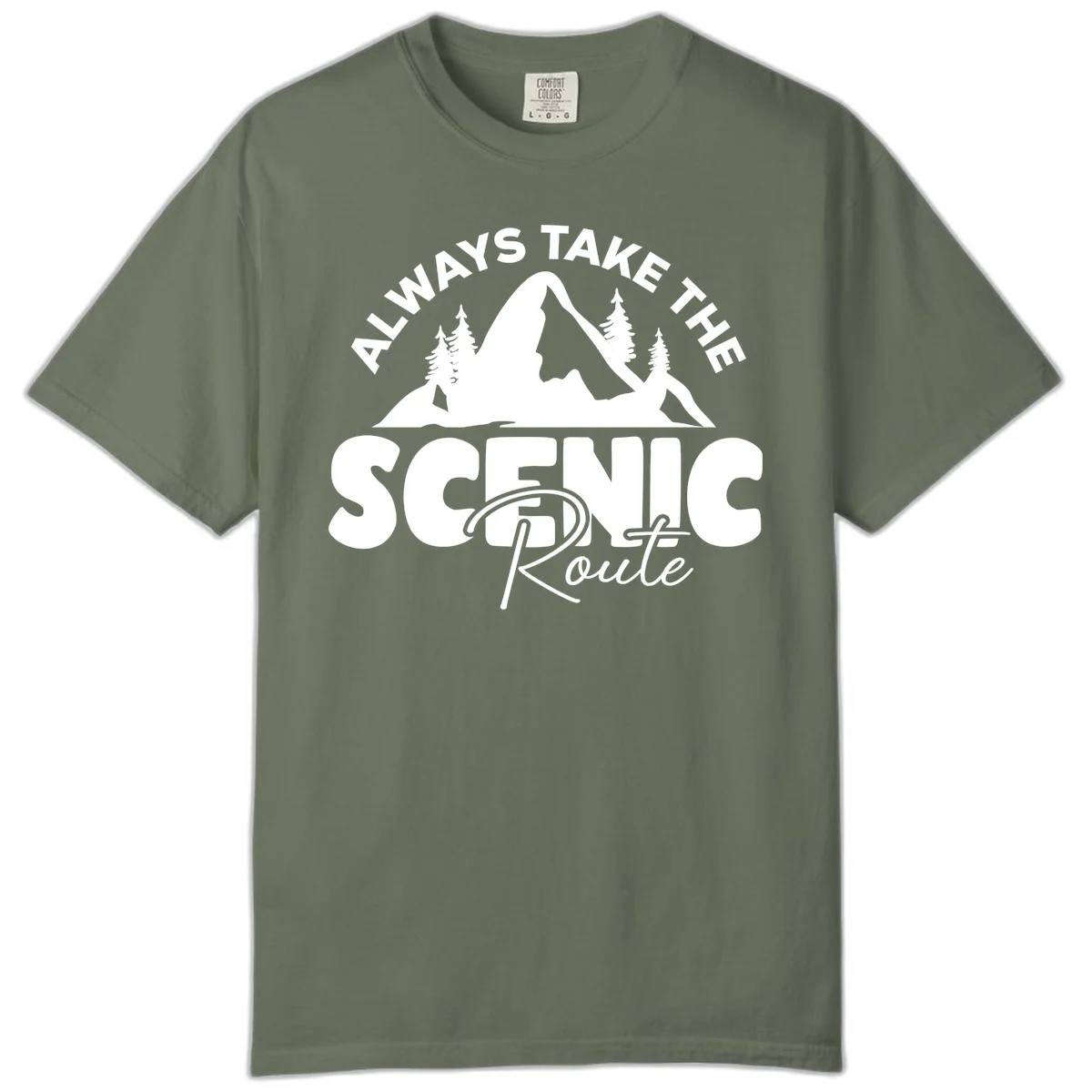 White mountain landscape illustration with evergreen trees and text reading 'All Ways Take The Scenic Route' on gray background in Moss