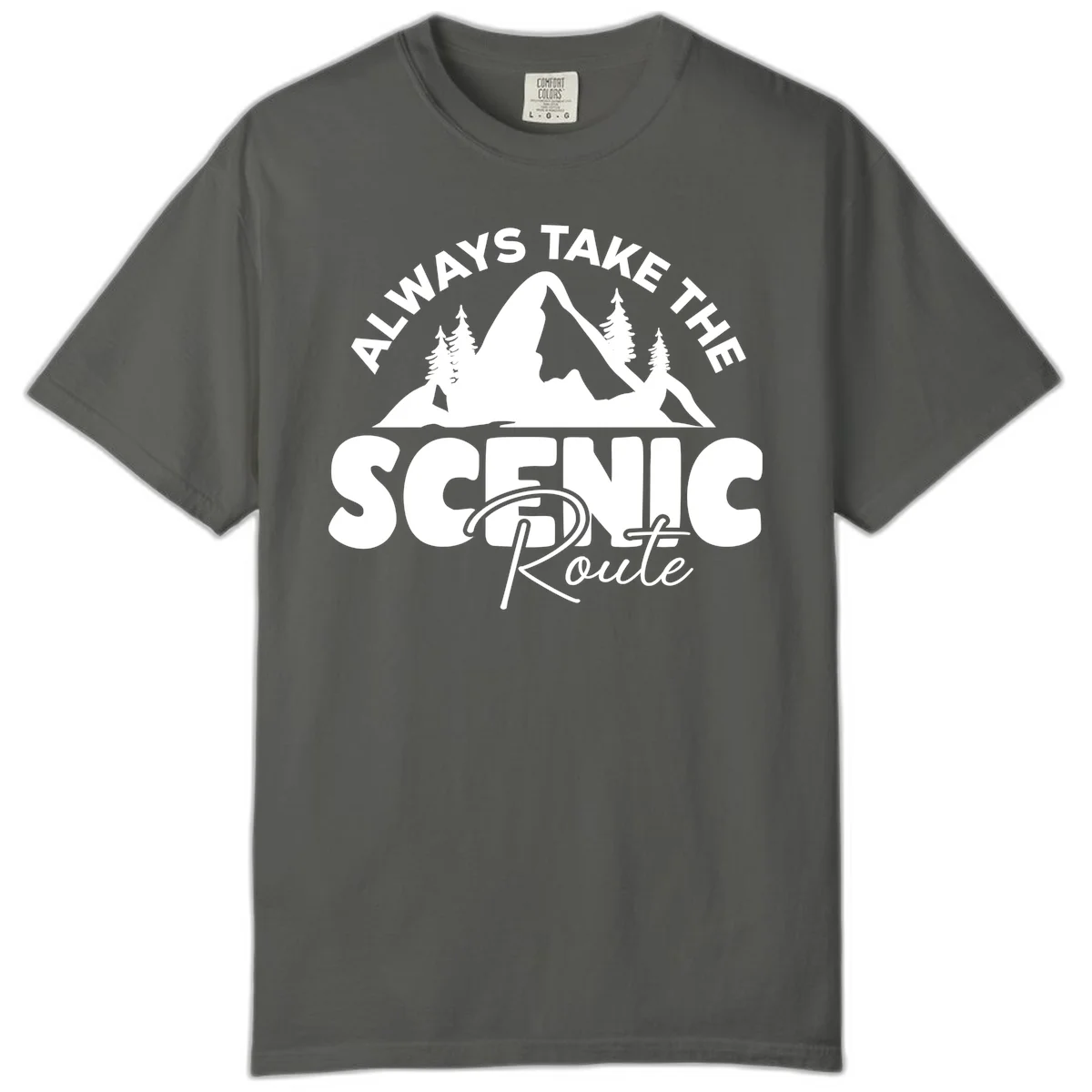 White mountain landscape illustration with evergreen trees and text reading 'All Ways Take The Scenic Route' on gray background in Pepper