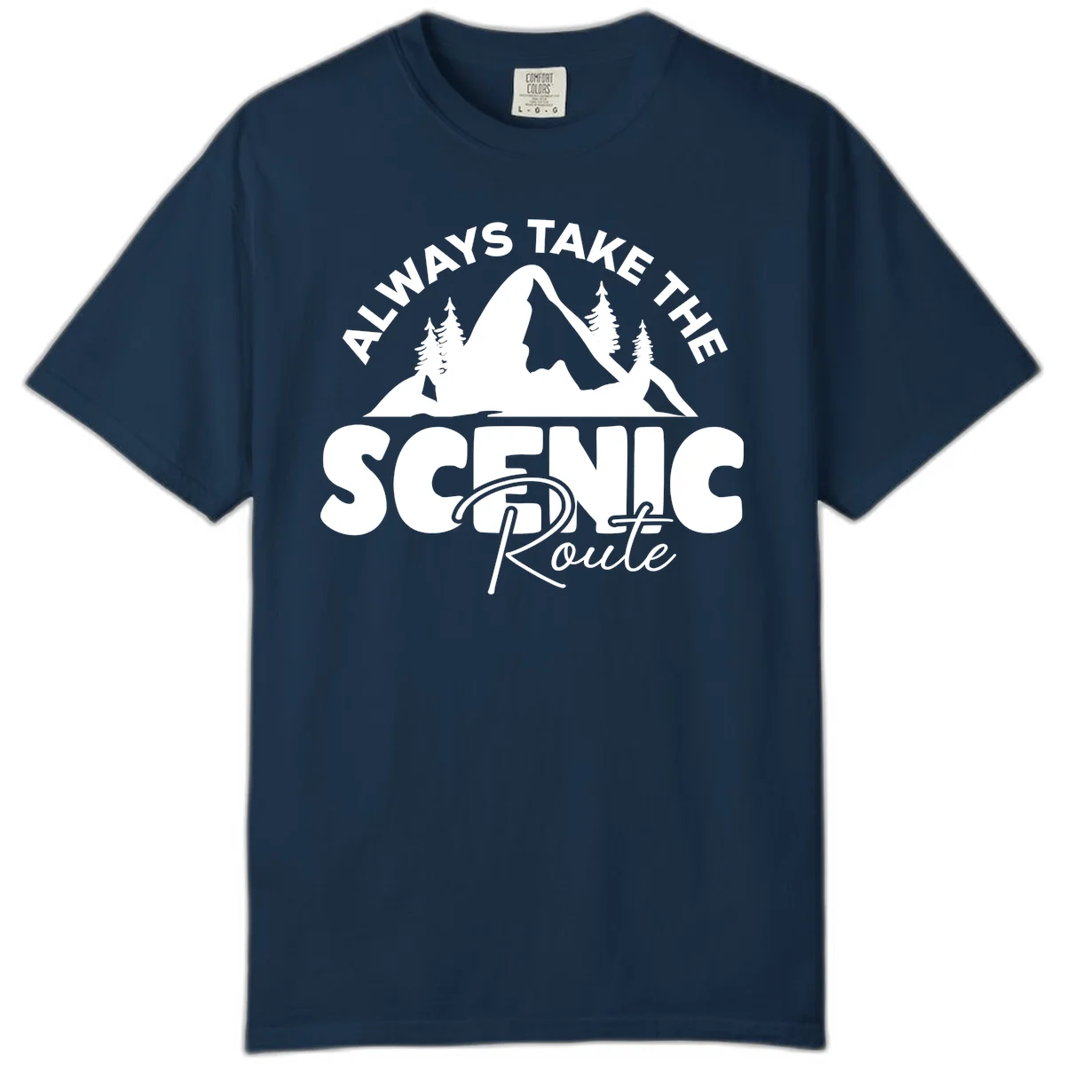 White mountain landscape illustration with evergreen trees and text reading 'All Ways Take The Scenic Route' on gray background in True Navy