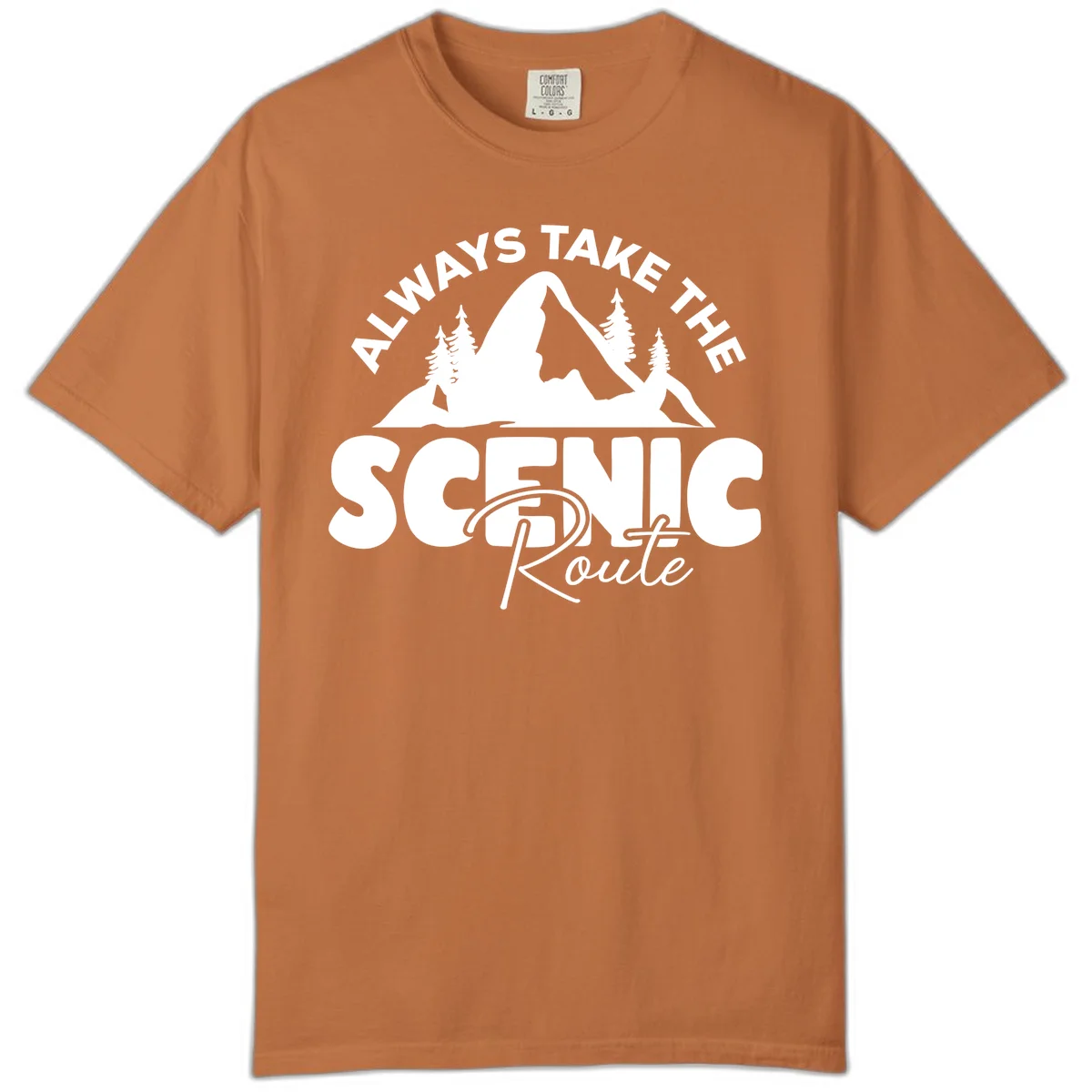 White mountain landscape illustration with evergreen trees and text reading 'All Ways Take The Scenic Route' on gray background in Yam