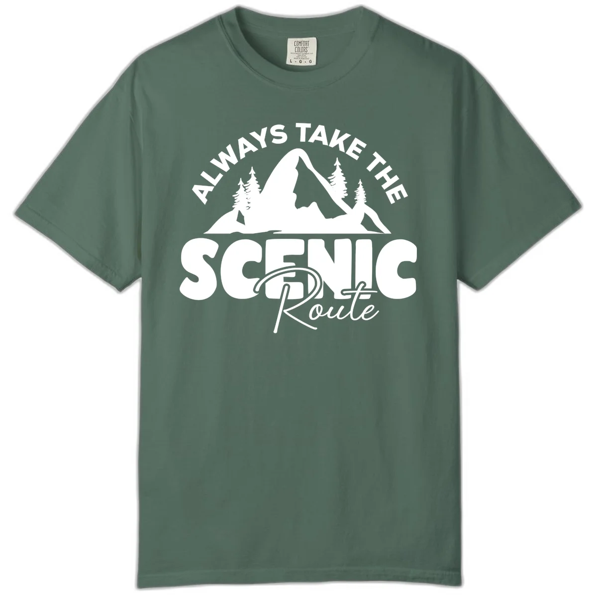 White mountain landscape illustration with evergreen trees and text reading 'All Ways Take The Scenic Route' on gray background in Blue Spruce