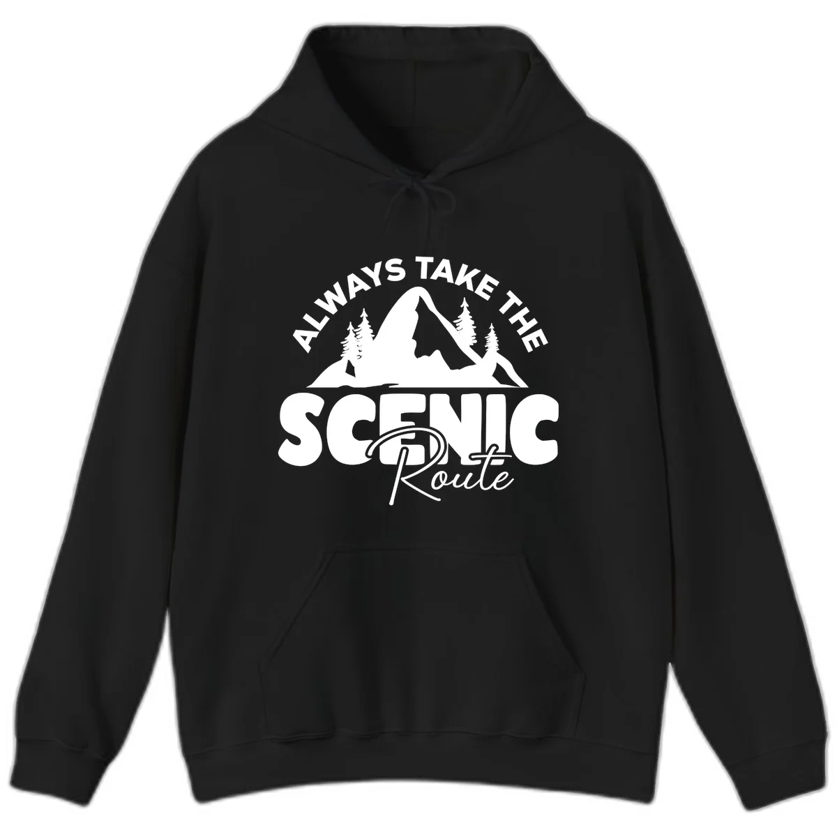 White mountain landscape illustration with evergreen trees and text reading 'All Ways Take The Scenic Route' on gray background in Black