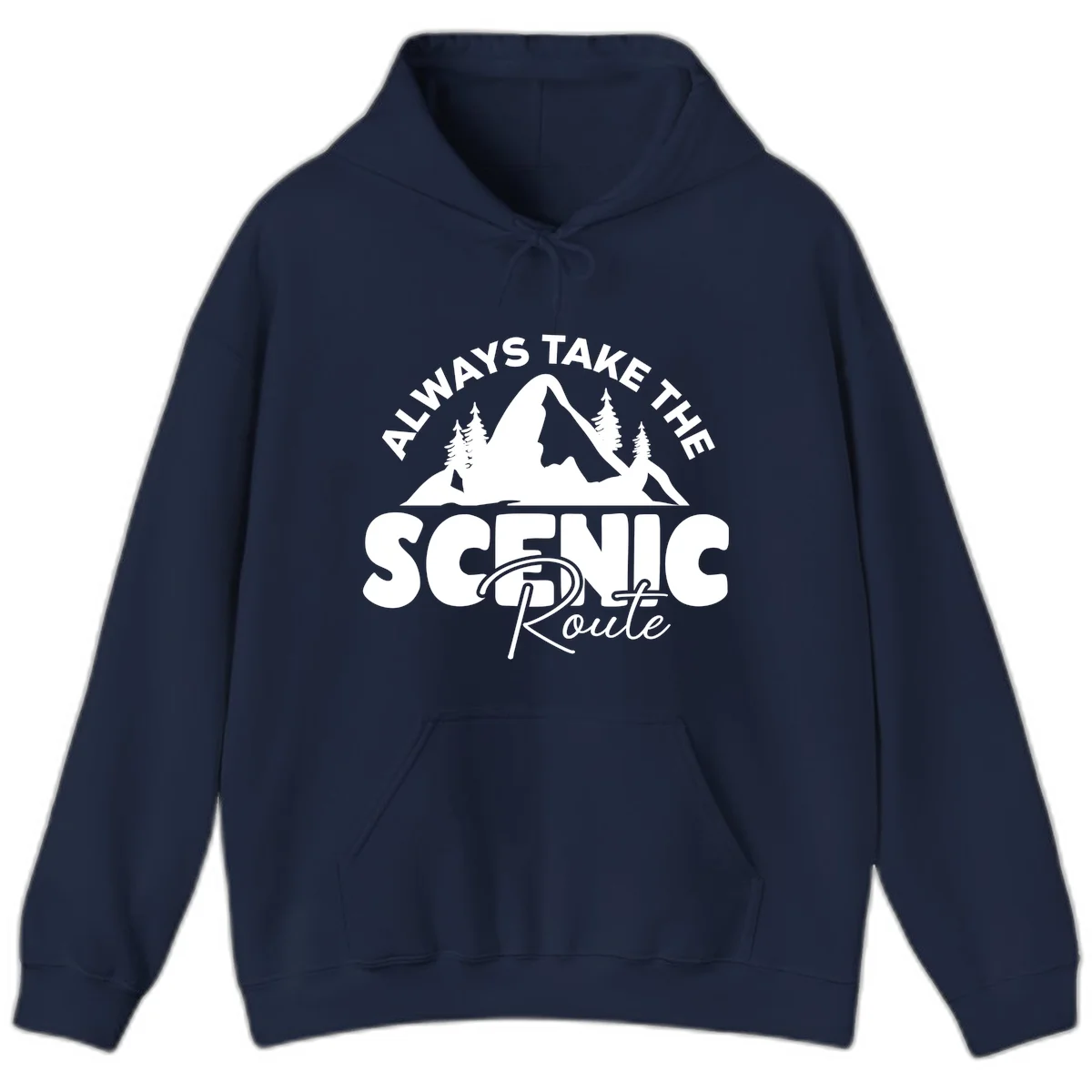 White mountain landscape illustration with evergreen trees and text reading 'All Ways Take The Scenic Route' on gray background in Navy